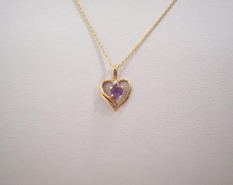 Vintage Dainty Natural Amethyst Heart and Diamond Accent Pendant and Chain in Yellow Gold