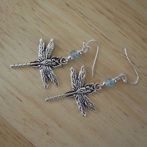Handmade Natural Aquamarine beaded Silver Dragonfly Dangle Earrings