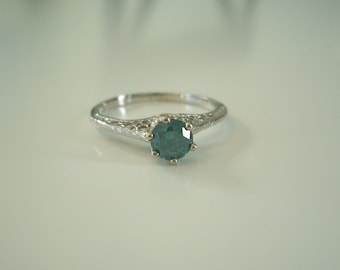 New Handmade Natural Blue Diamond Solitaire Wedding Engagement Ring in White Gold vintage Wax Cast Setting