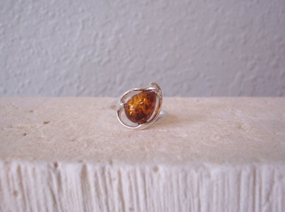 Vintage Natural Amber Pear Shape Stone Ring Set i… - image 1