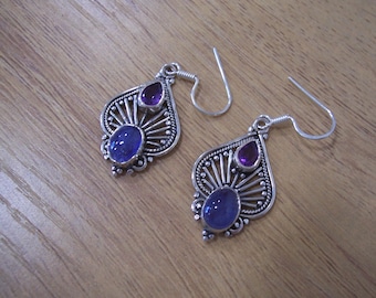 Vintage Natural Tanzanite and Amethyst Dangle Earrings in Sterling Silver