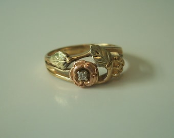 Vintage Black Hills Gold Flower Ring with Diamond Accent Grapes and leaves