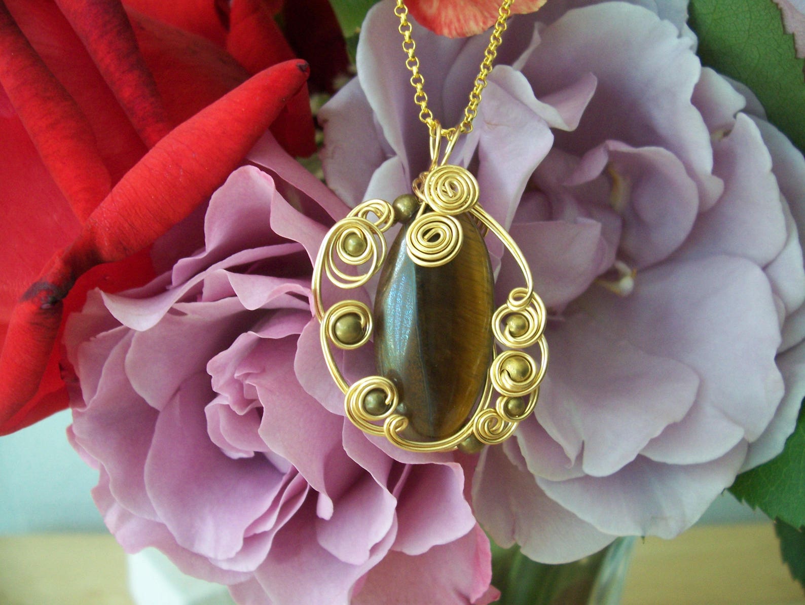 Handmade Brass Wire Wrapped Natural Tigers Eye Pendant Etsy