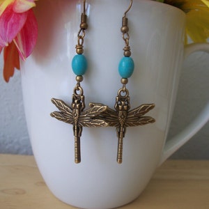 Boho Brass Dragonfly and Turquoise Dangle Earrings
