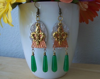 Emerald and Fleur de Lis Copper Earrings