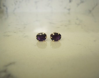 Large Natural Amethyst Ear Studs in Yellow Gold