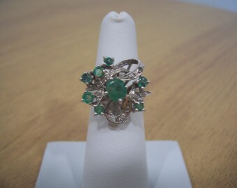 Vintage Multi Stone Natural Emerald and Diamond Ring in Palladium