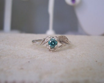 Natural Blue Round diamond Ring Solitaire With Leaves