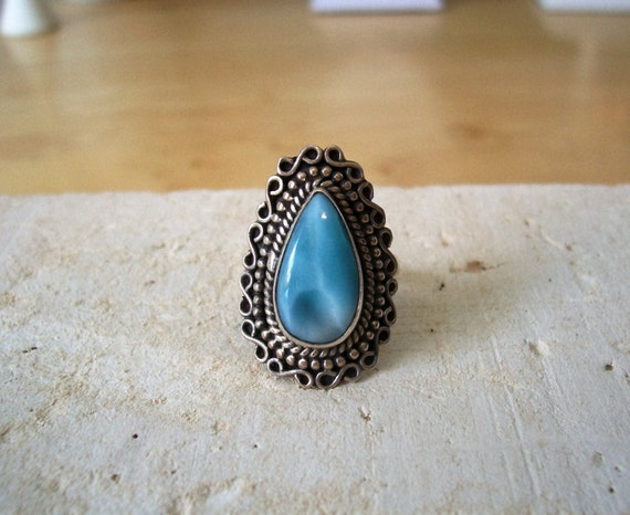 Vintage Natural Larimar Ring in Sterling Silver P… - image 1