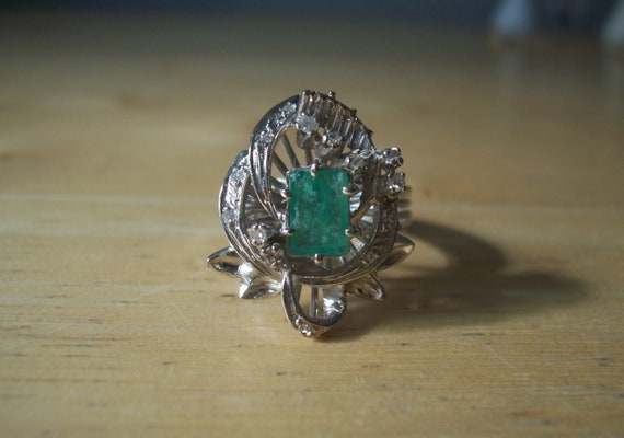 Vintage Natural Emerald and Diamond Cocktail Ring… - image 2