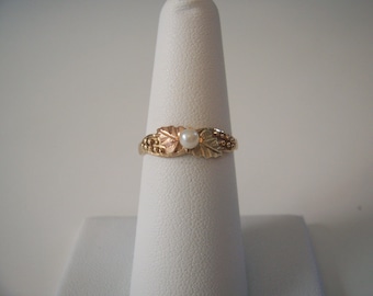 Tiny Pearl Black Hills Gold Ring with Grapes and Leaves Tri Color Gold
