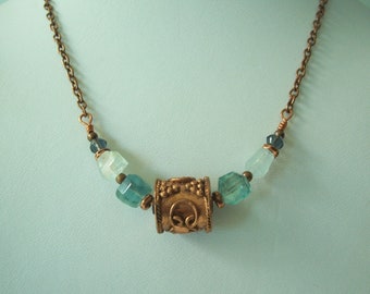 Natural Aquamarine Fluorite and Swarovski Copper beaded Necklace