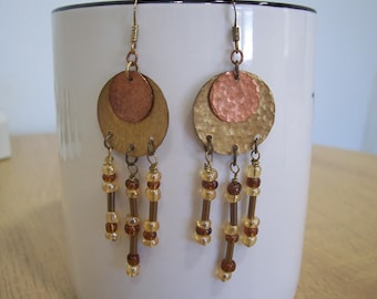 Upcycled Chandelier Dangle Earrings with vintage Glass Beads and hammered brass and Copper