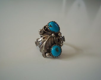 Vintage Natural Two Stone Turquoise Ring in Sterling Silver
