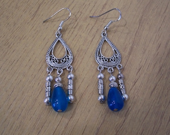 Handmade Natural Tear Shape Blue Topaz Beaded Earrings with SS Earwires