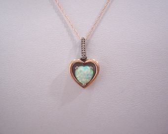 Vintage Natural Opal and Diamond Heart Pendant and Chain in SS and Rose Gold