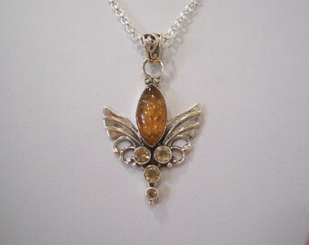 Vintage Natural Citrine and Amber Pendant in Sterling Silver with Chain