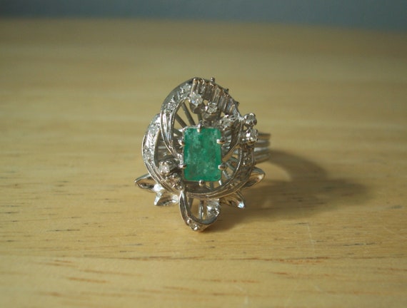 Vintage Natural Emerald and Diamond Cocktail Ring… - image 1