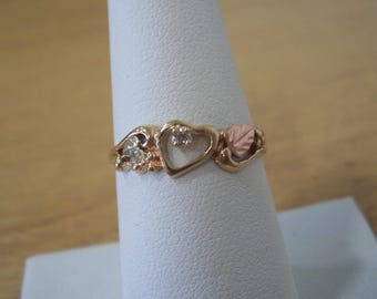 Vintage Dainty Heart Natural Diamond Black Hills Gold Ring with Grapes and Leaves