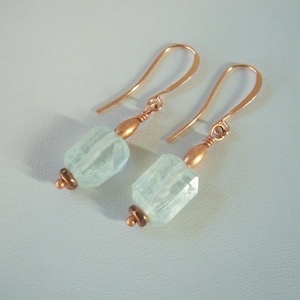 Hand Made Natural Aquamarine Beaded Dangle Earrings in Copper
