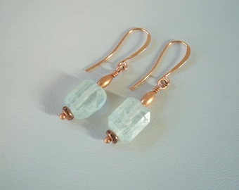 Hand Made Natural Aquamarine Beaded Dangle Earrings in Copper