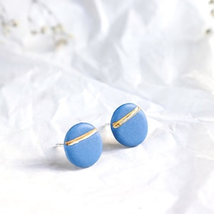 Blue round stud porcelain earrings with golden line, round earrings, casual stud earrings, handmade porcelain earrings, royal blue earrings image 1