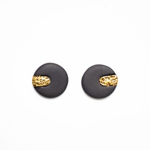 Round black porcelain earrings / Ceramic earrings / Porcelain Stud Earrings with Gold / Black earrings / Minimalist earrings with gold