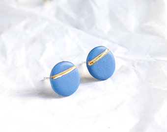 Blue round stud porcelain earrings with golden line, round earrings, casual stud earrings, handmade porcelain earrings, royal blue earrings