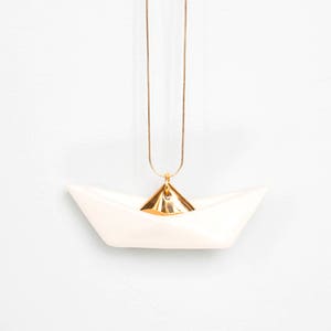 Origami necklace, Origami boat necklace, White origami pendant, Origami boat necklace  with golden sail, Geometric necklace