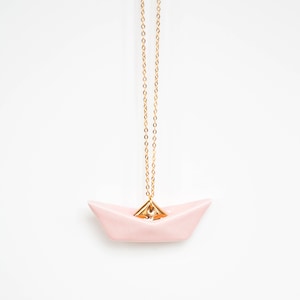 Origami boat necklace, Origami necklace, Blush pink origami boat pendant, Geometric origami boat, Minimal necklace, Origami jewelry image 1