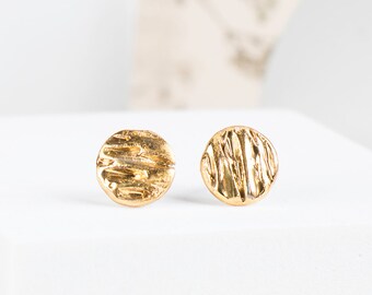 Modern Golden Texture Porcelain Earrings, Sterling Silver Posts