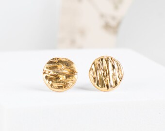 Modern porcelain earrings, Golden post earrings, Golden texture round stud earrings, Minimalist post earrings, Round stud earrings