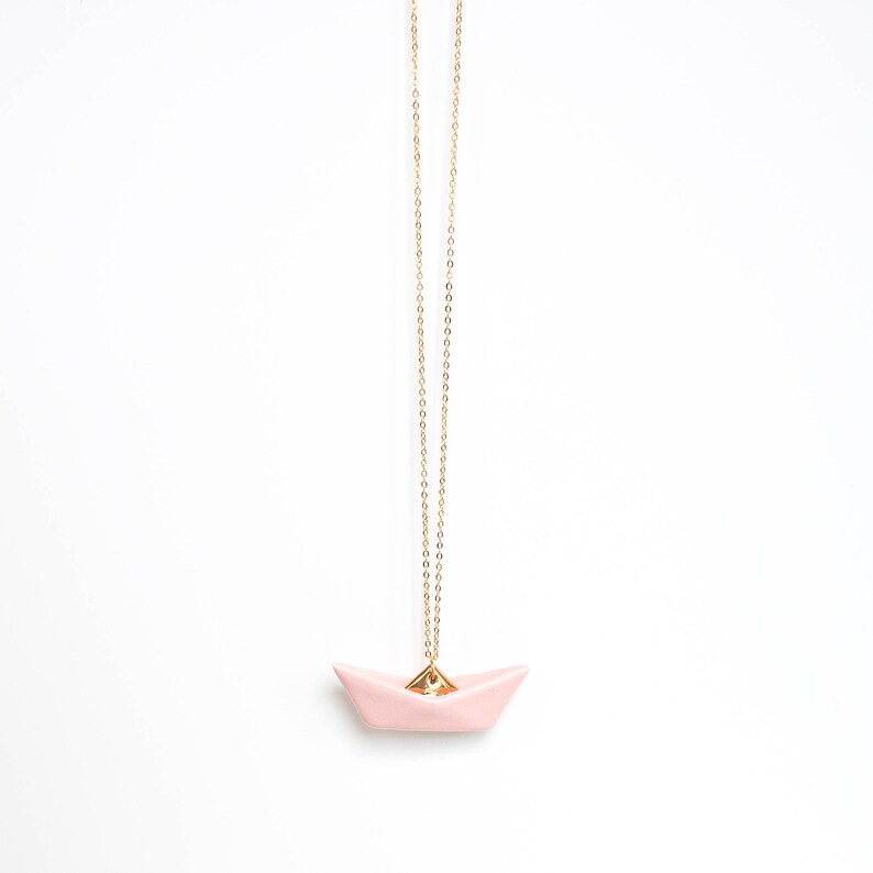 Origami boat necklace, Origami necklace, Blush pink origami boat pendant, Geometric origami boat, Minimal necklace, Origami jewelry image 2