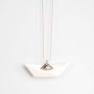Origami boat necklace, Origami necklace, Origami boat pendant, Origami boat necklace with platinum sail, Geometric necklace