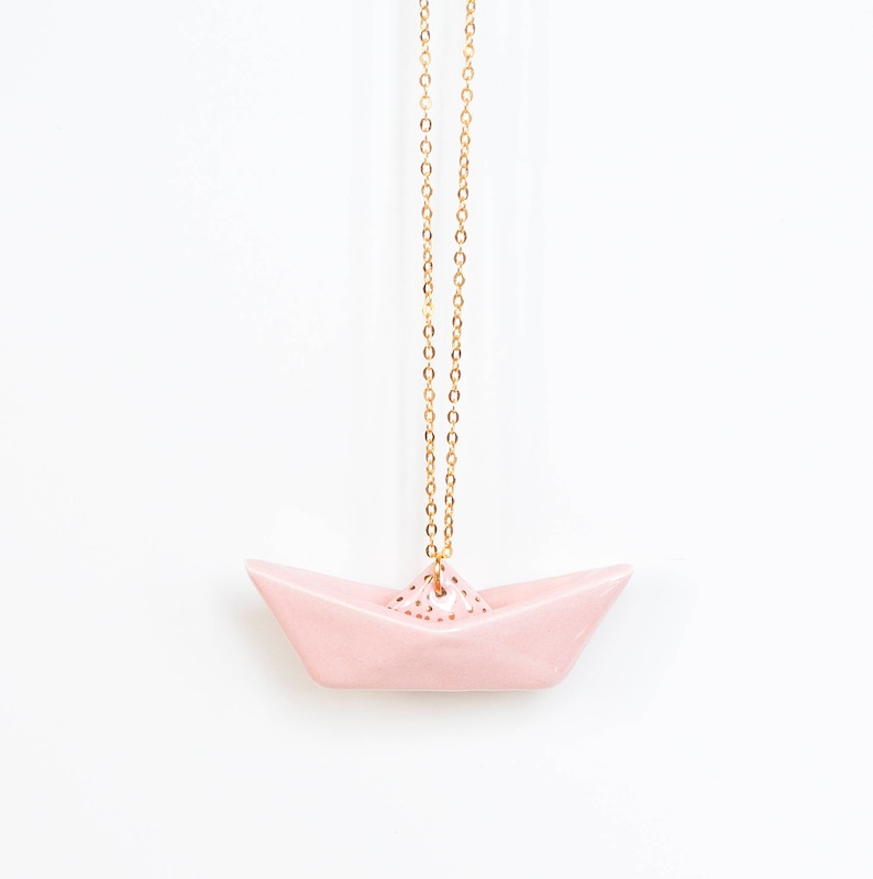 Origami boat necklace, Origami necklace, Blush pink origami boat pendant, Geometric origami boat, Minimal necklace, Origami jewelry image 6