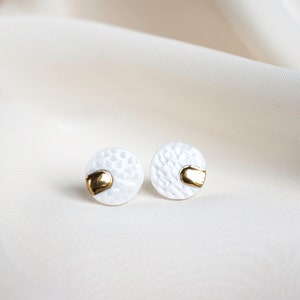 Round white porcelain earrings  /  Ceramic earrings / White Porcelain Stud Earrings with Gold / Dainty Earrings / Minimalist earrings