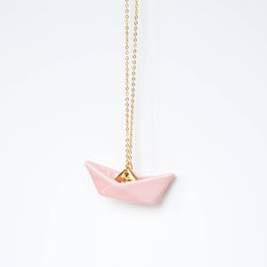 Origami boat necklace, Origami necklace, Blush pink origami boat pendant, Geometric origami boat, Minimal necklace, Origami jewelry image 5