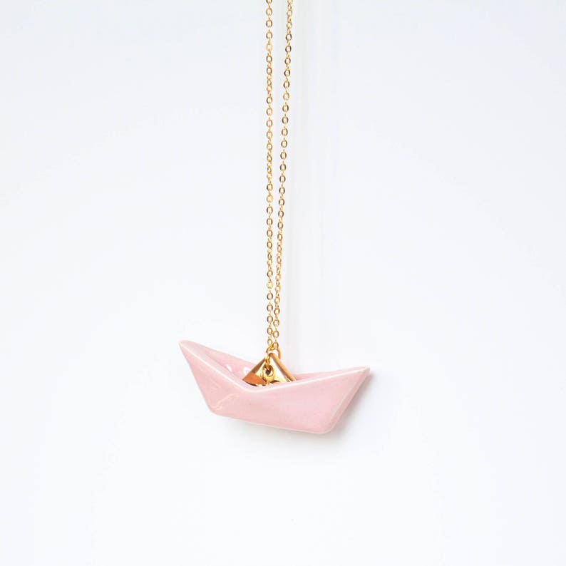 Origami boat necklace, Origami necklace, Blush pink origami boat pendant, Geometric origami boat, Minimal necklace, Origami jewelry image 5