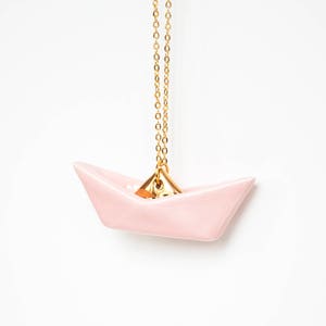 Origami boat necklace, Origami necklace, Blush pink origami boat pendant, Geometric origami boat, Minimal necklace, Origami jewelry image 4