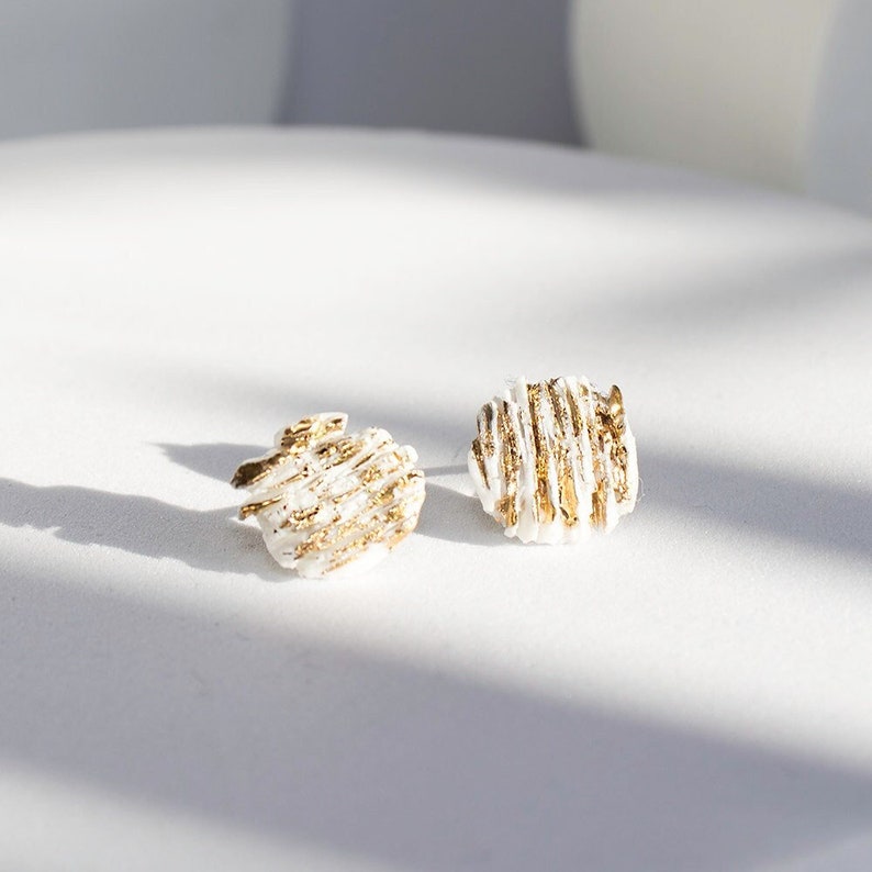 OOAK white porcelain earrings / White ceramic earrings / White Porcelain Stud Earrings with Gold / Glacier Earrings / Minimalist earrings image 1