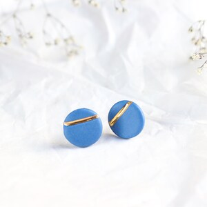 Blue round stud porcelain earrings with golden line, round earrings, casual stud earrings, handmade porcelain earrings, royal blue earrings image 3