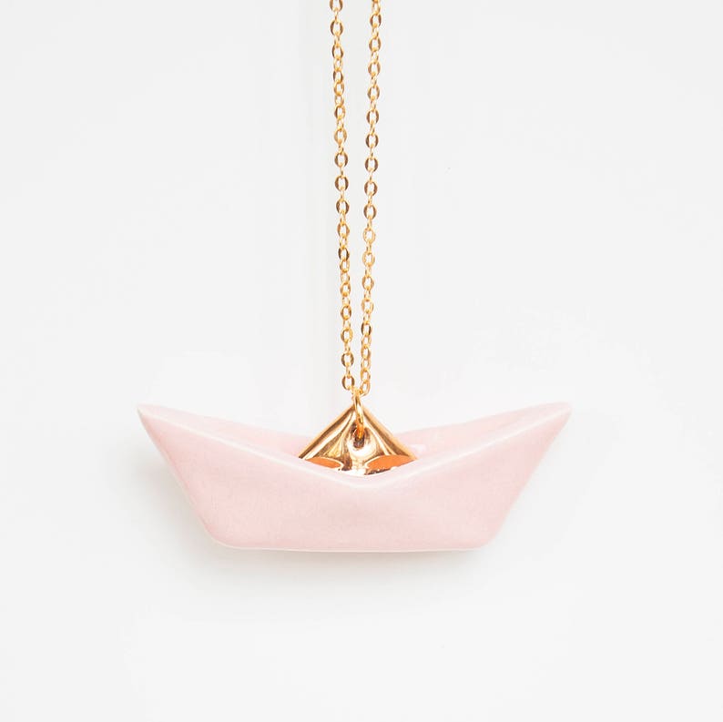 Origami boat necklace, Origami necklace, Blush pink origami boat pendant, Geometric origami boat, Minimal necklace, Origami jewelry image 3