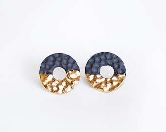 Black stud earrings, Black and gold porcelain earrings, Donut earrings, Dainty Circle Earrings, Minimalist stud earrings