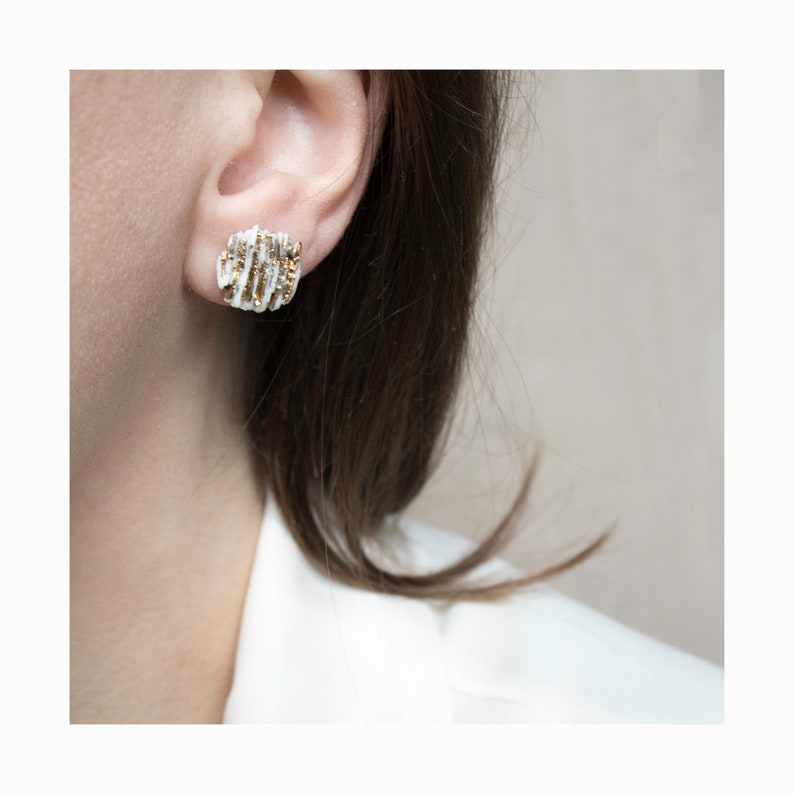 OOAK white porcelain earrings / White ceramic earrings / White Porcelain Stud Earrings with Gold / Glacier Earrings / Minimalist earrings image 2