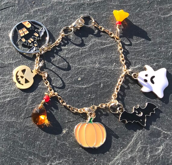 Matte Gold plated Halloween Charm Bracelet With Yellow Glass