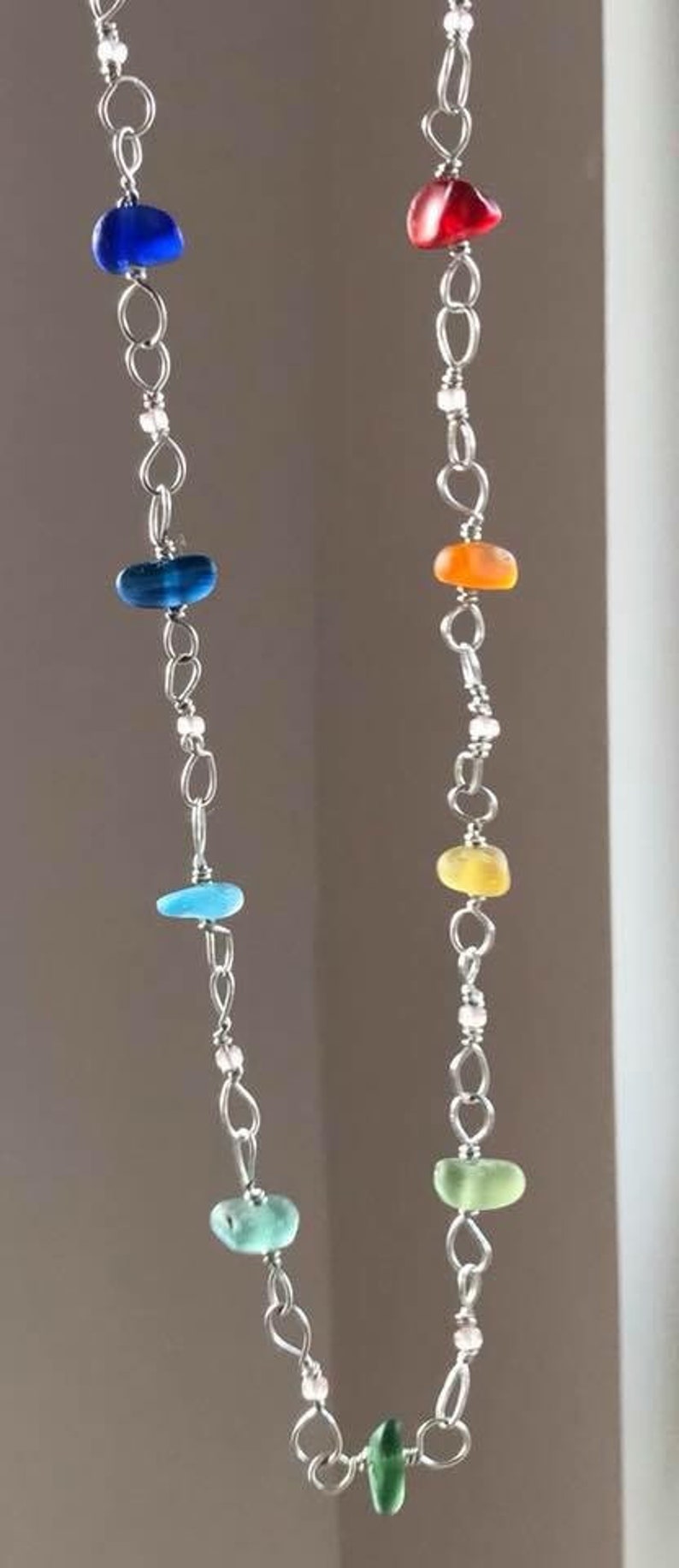 Honey Amber Orange Red Yellow Blue Green 19.5 Sterling Silver Sea Glass Rainbow Necklace With Multicoloured Seaglass /& Glass Teal Beads