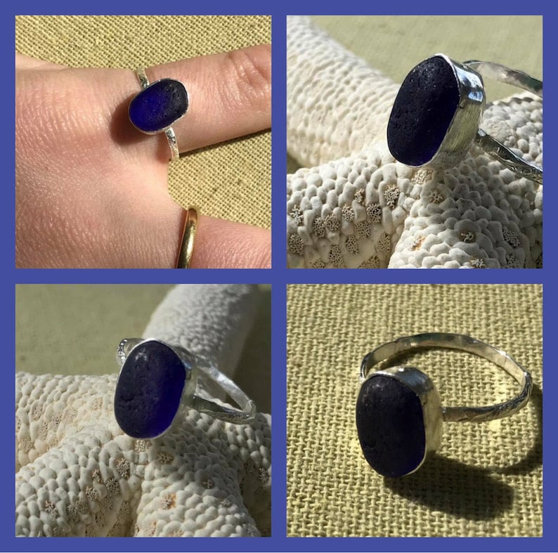 Scottish Seaglass UK Size K Or US Size 5.25 Sterling Silver Sea Glass Beach Bezel Set Mermaid Ring Deep Cobalt Blue Colour
