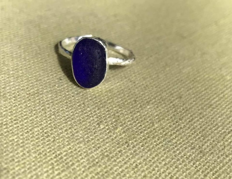 Scottish Seaglass UK Size K Or US Size 5.25 Sterling Silver Sea Glass Beach Bezel Set Mermaid Ring Deep Cobalt Blue Colour
