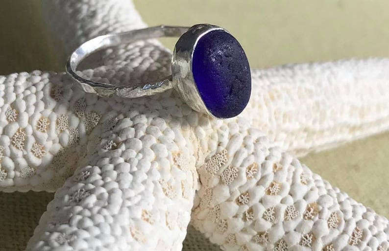 Scottish Seaglass UK Size K Or US Size 5.25 Sterling Silver Sea Glass Beach Bezel Set Mermaid Ring Deep Cobalt Blue Colour