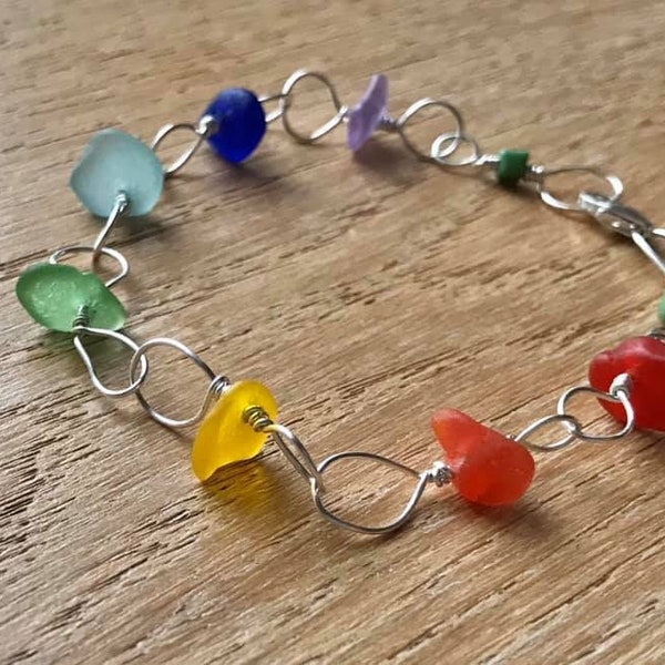 8.25" Delicate Sterling Silver Wire Wrapped Spanish Rainbow Seaglass Bracelet -Bright Multicolored Sea Glass -Red Orange Yellow Blue Purple